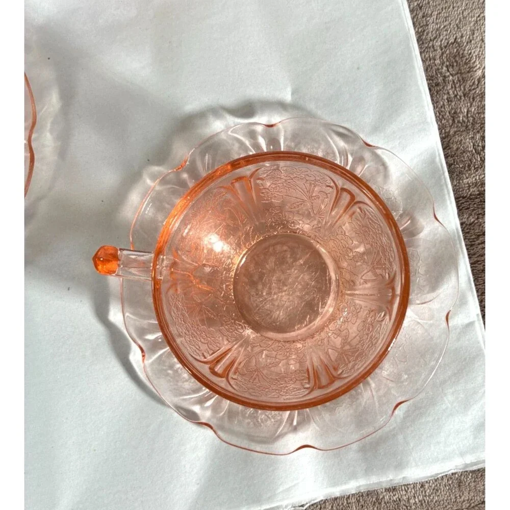 Jeannette Pink Cherry Blossom Depression Glass Cups Saucers 10 Pc Set VTG